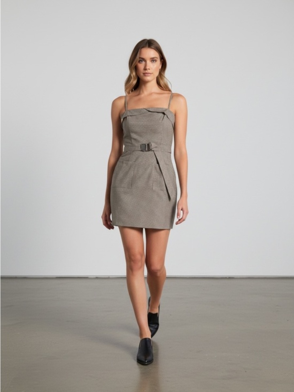 Honey Punch Gray Belted Mini Dress with Spaghetti Straps